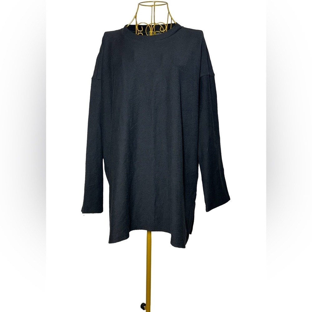 NWT Eileen Fisher Black High Crewneck Tunic Top, Dropped Shoulder, Side Slits, M
